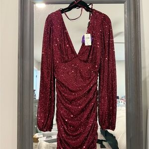 Windsor Red Bodycon Dress with Plunge Neckline and Bishop Sleeves